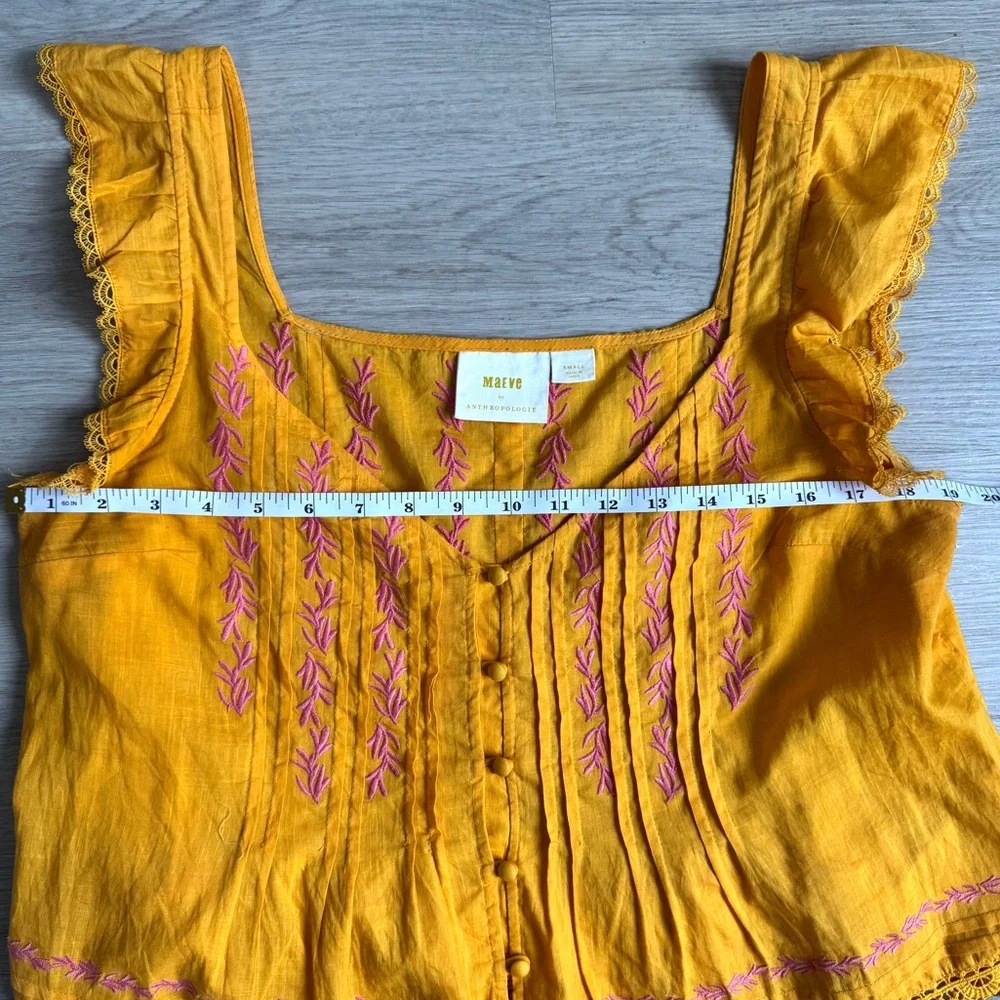 Maeve Anthropologie Gold Pink Embroidered Top Flutter sleeve size S Small - Picture 7 of 10